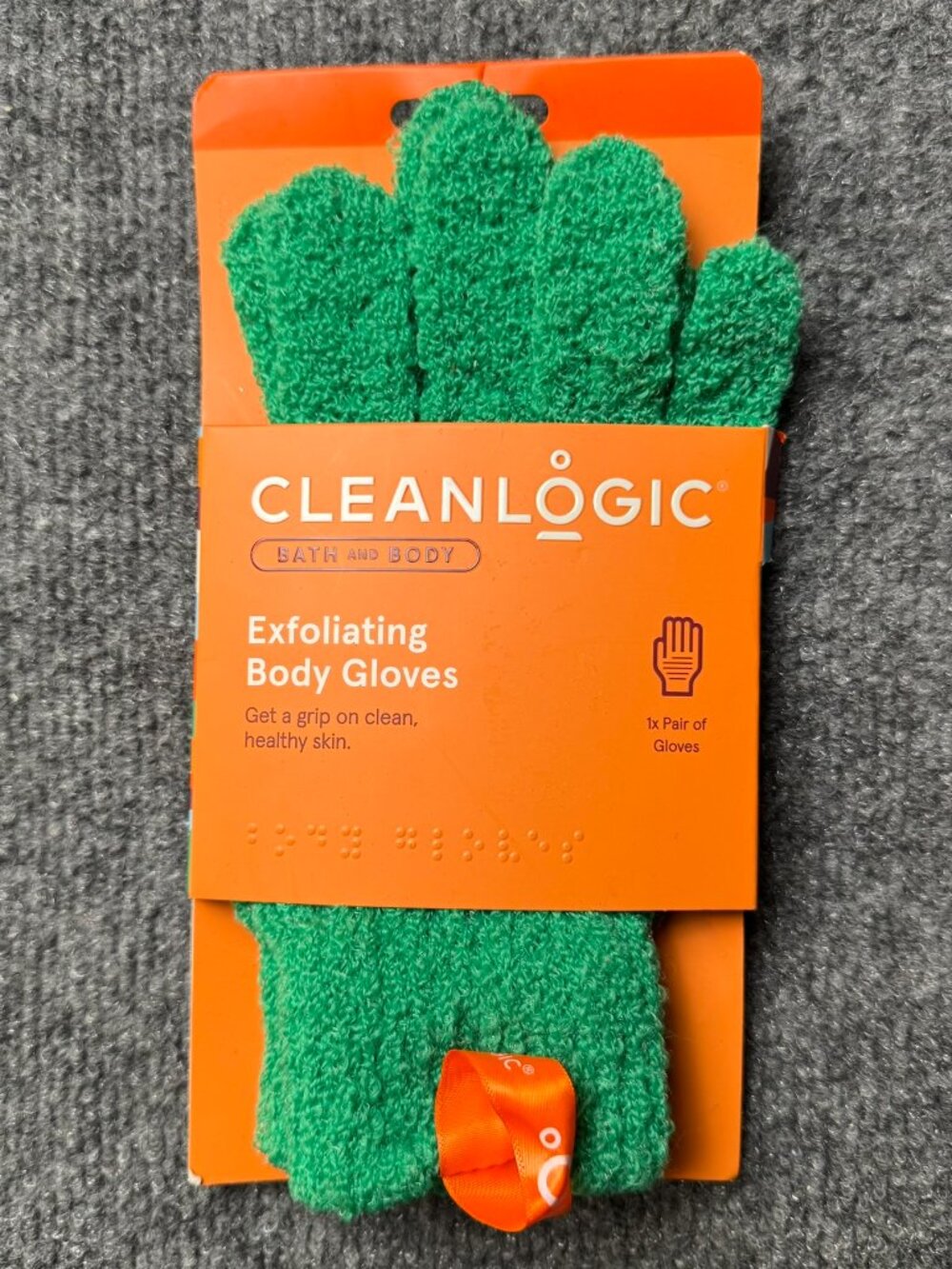 Cleanlogic Exfoliating Body Bath Gloves Green 1 Pair Stretch Nylon Fiber NIP